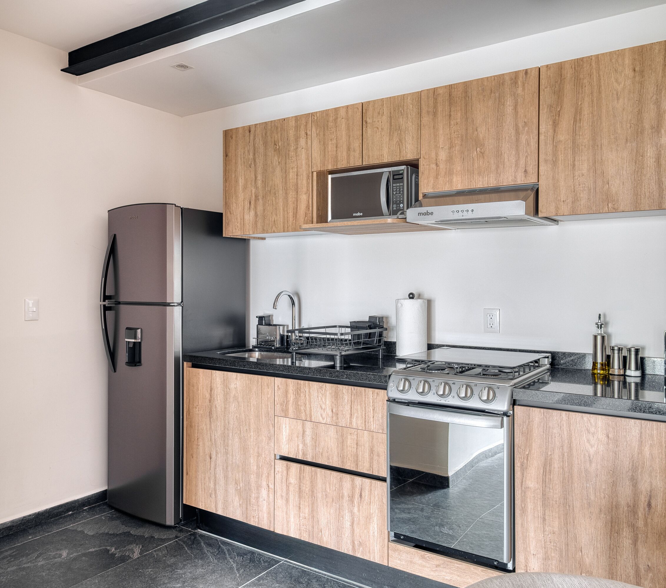 Full-size fridge, microwave, oven, espresso maker