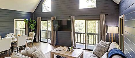 Smart TV, fireplace, video games, DVD player