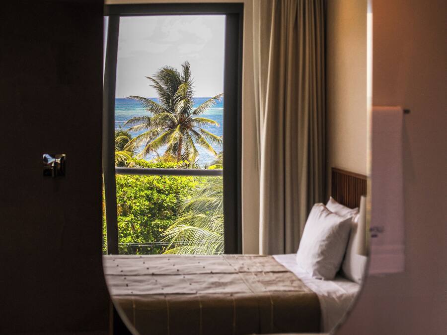 A bedroom with a bed, a ceiling fan, and a view of palm trees and the ocean through a large window.