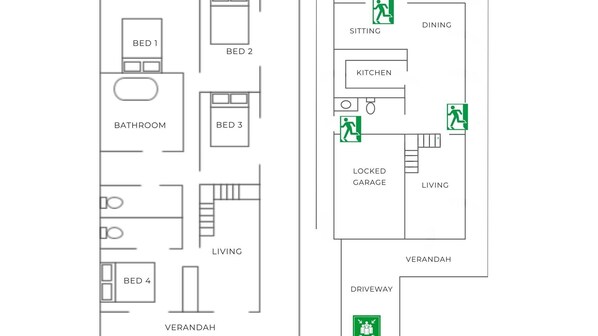 Plano de planta de un hotel con cuatro dormitorios, un baño, sala de estar, comedor, cocina, garaje cerrado y entrada para vehículos.