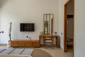 A modern living room with a flat-screen TV mounted on the wall, a wooden desk with a chair, a potted plant, and a large mirror. - Beta Villa by DH (Ubud)