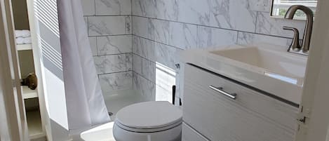 Hair dryer, towels, soap, toilet paper