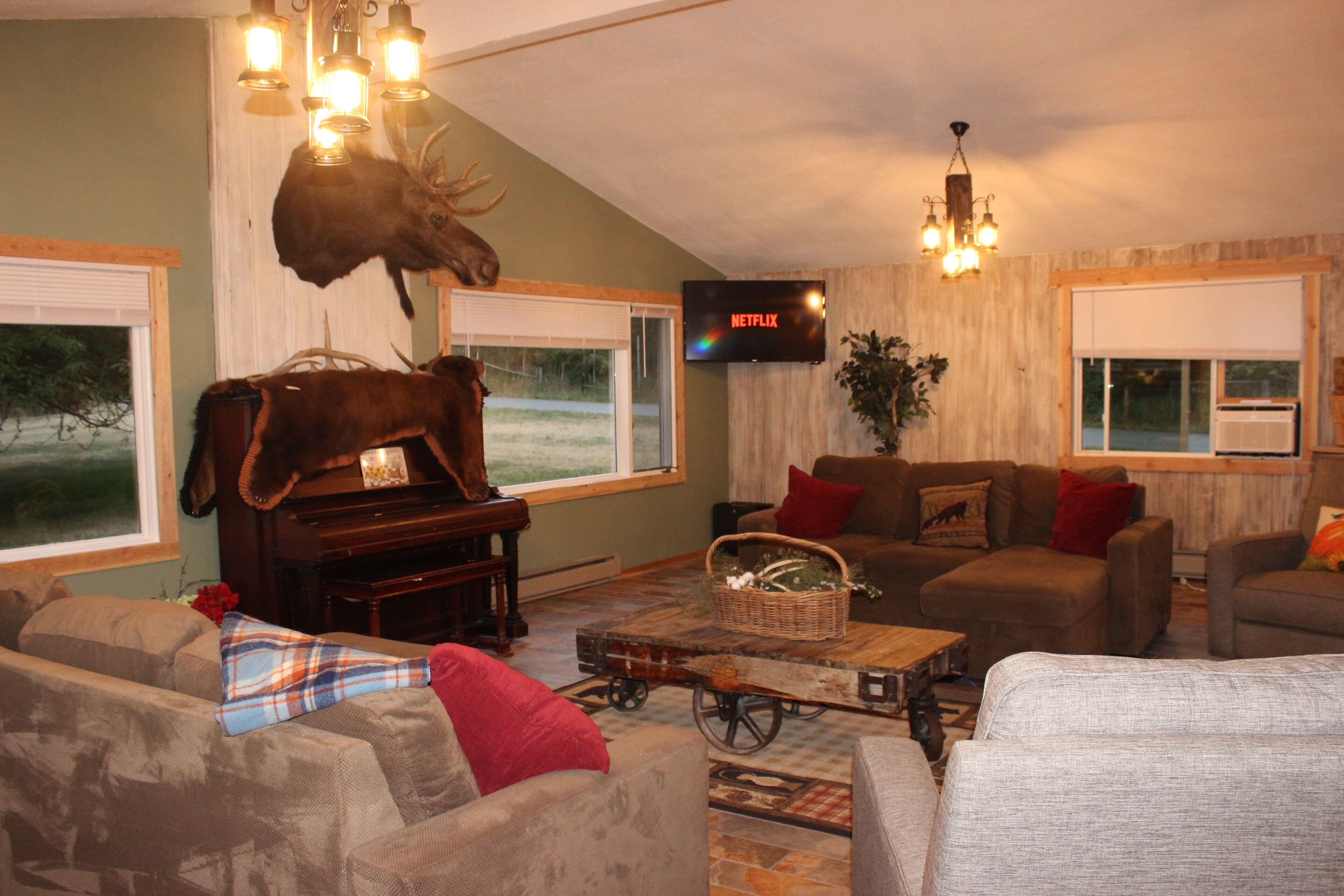 Smart TV, fireplace, foosball, books