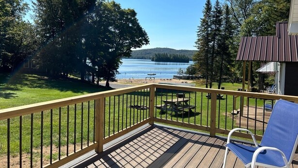 Una terraza de madera con una silla azul, con vistas a un lago que tiene mesas de picnic y una zona ajardinada.