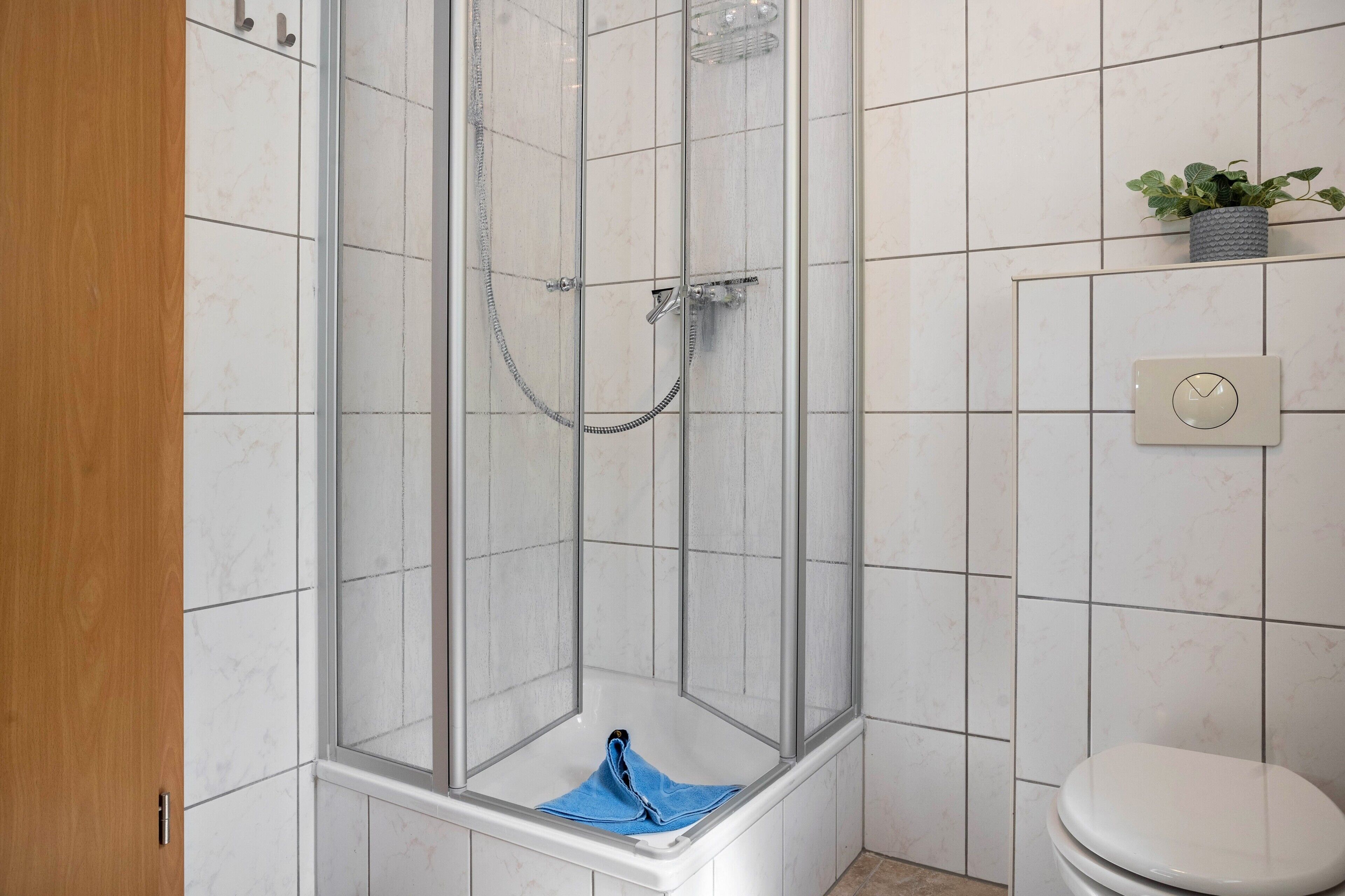 Une salle de bain avec une douche à parois de verre, des toilettes blanches et une plante en pot accrochée au mur.