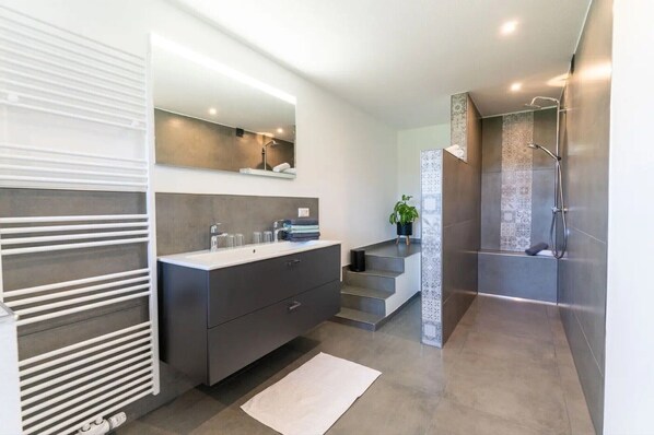 Shower, hair dryer, towels