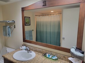 Hair dryer, towels, soap, shampoo