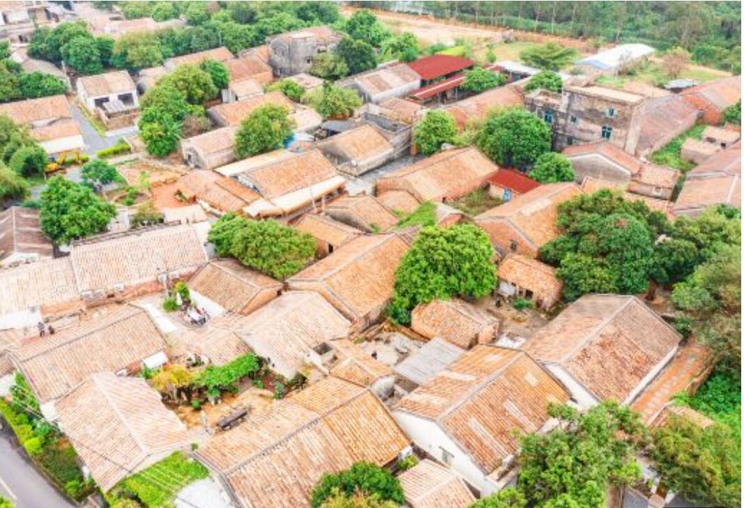 An aerial view of a traditional village with closely packed houses, narrow streets, and lush greenery.