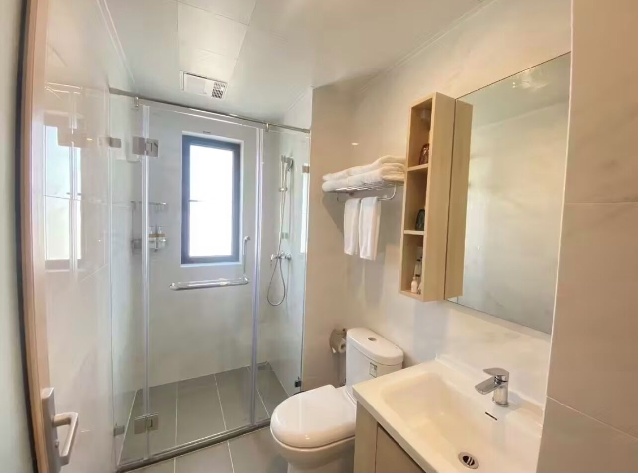 Un baño moderno con ducha de vidrio, inodoro blanco y lavamanos con espejo arriba.