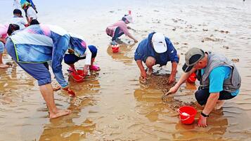 A group of people wading through a muddy beach area, some holding red buckets.