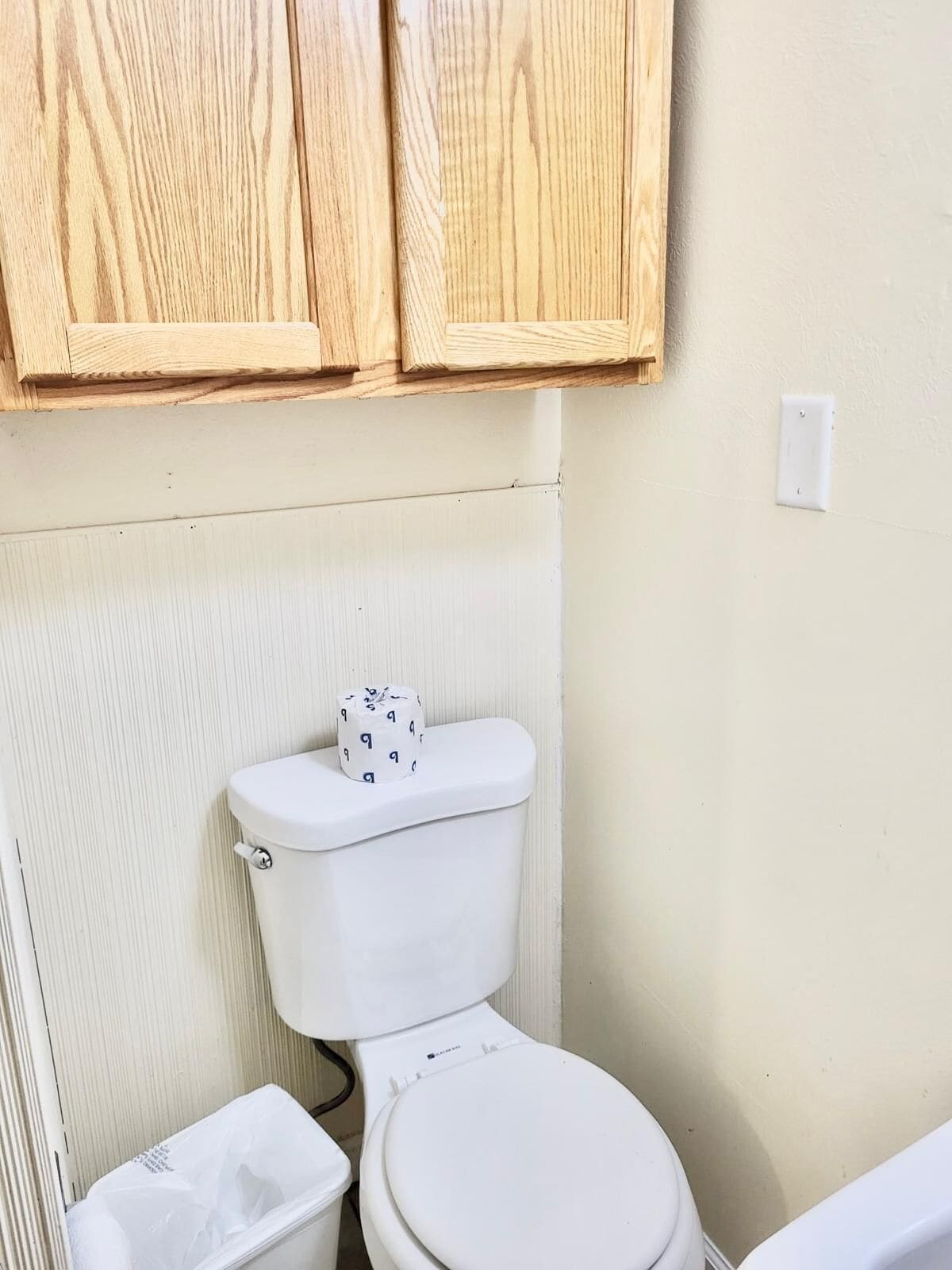 Combined shower/tub, towels, soap, shampoo