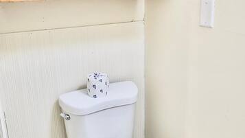 Combined shower/tub, towels, soap, shampoo