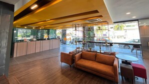 Un vestíbulo de hotel moderno con suelo de madera, un sofá, un mostrador de recepción y un separador de vidrio con plantas.