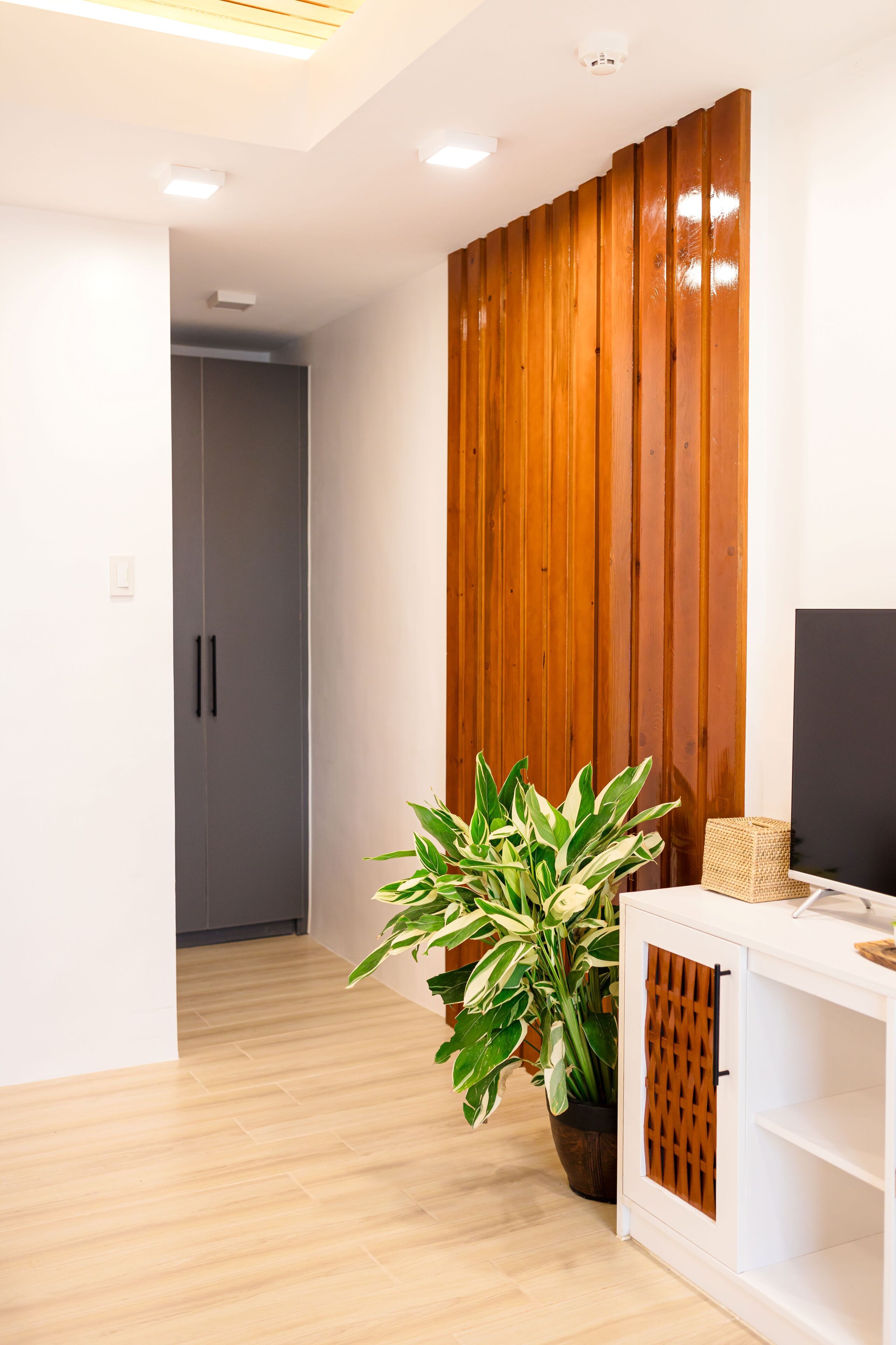 A modern interior with a wooden accent wall, a potted plant, and a flat-screen TV on a white console.