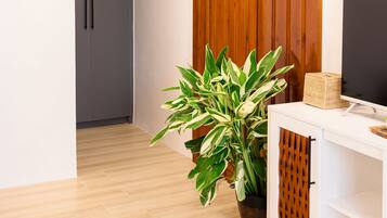 A modern interior with a wooden accent wall, a potted plant, and a flat-screen TV on a white console.