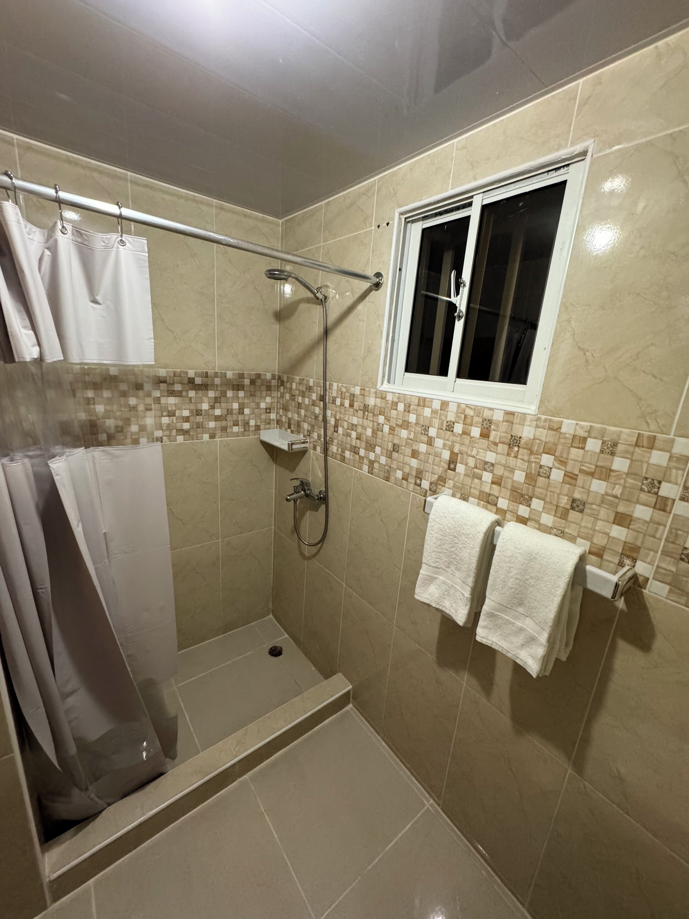 A shower area with a glass door, a window, and a tiled wall.