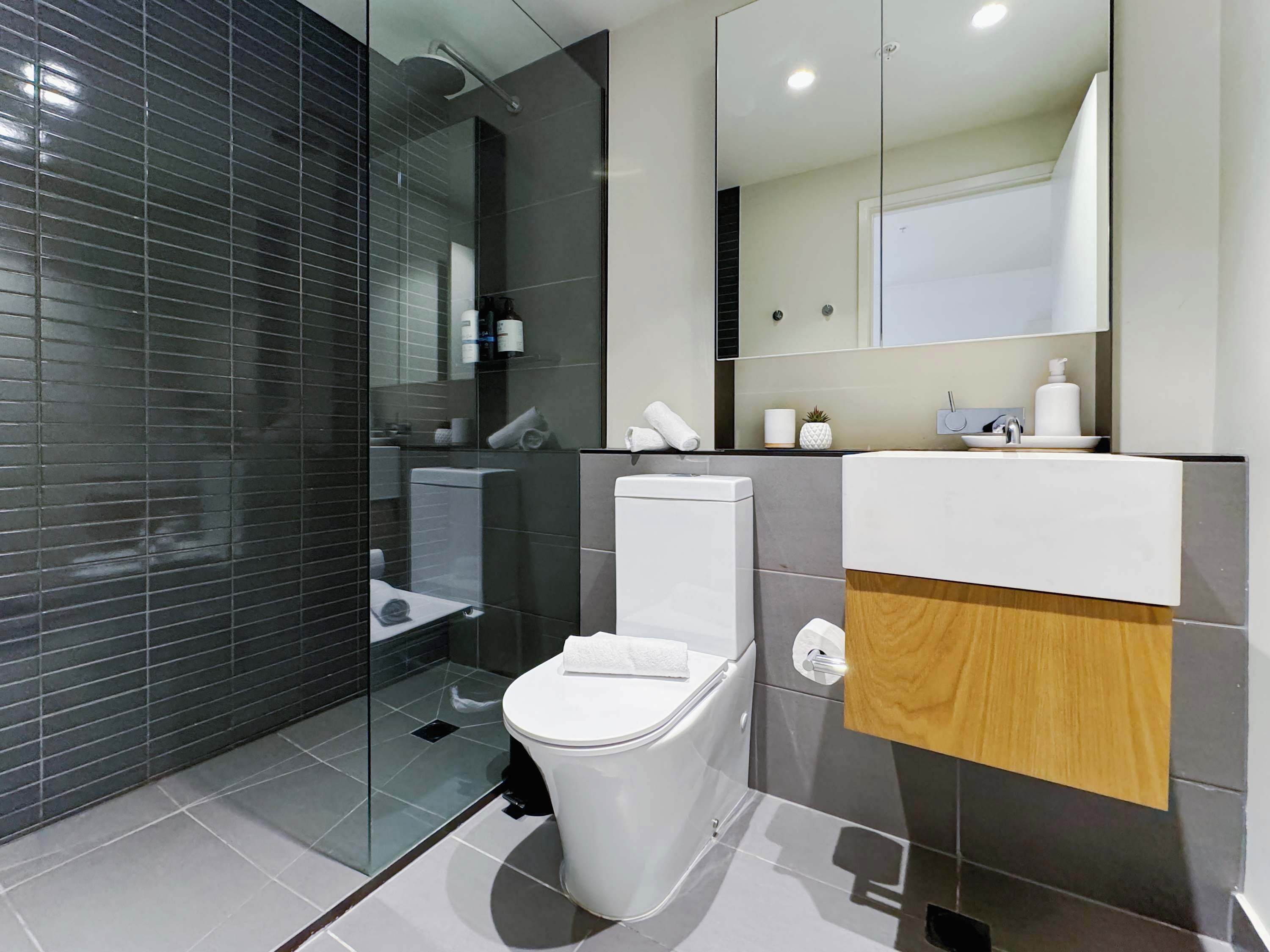 A modern bathroom with a glass shower enclosure, a toilet, and a vanity with a mirror.