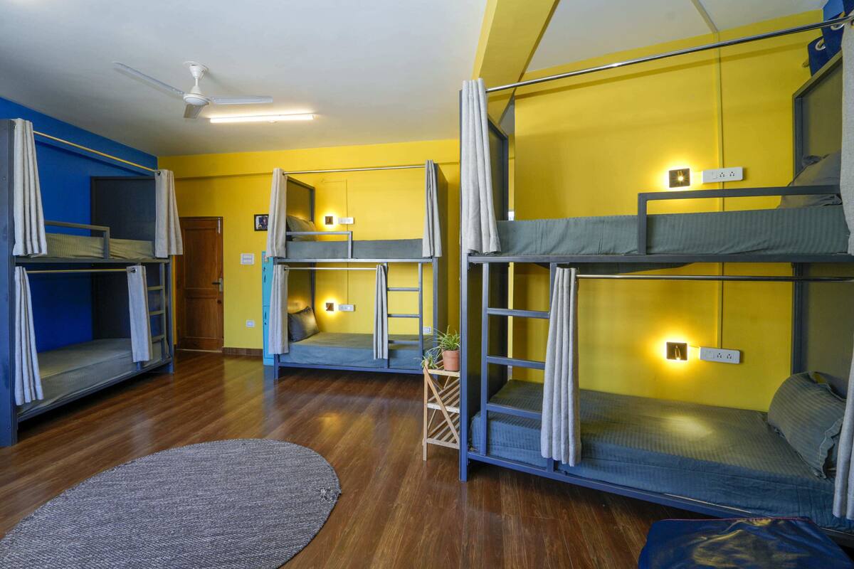 Ein Schlafsaalzimmer mit Etagenbetten, Deckenventilator und einem kleinen Topfpflanzen.