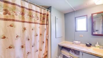 Une salle de bain avec un rideau de douche orné de pommes de pin et de feuilles, un lavabo avec des articles de toilette et un miroir au-dessus du lavabo.