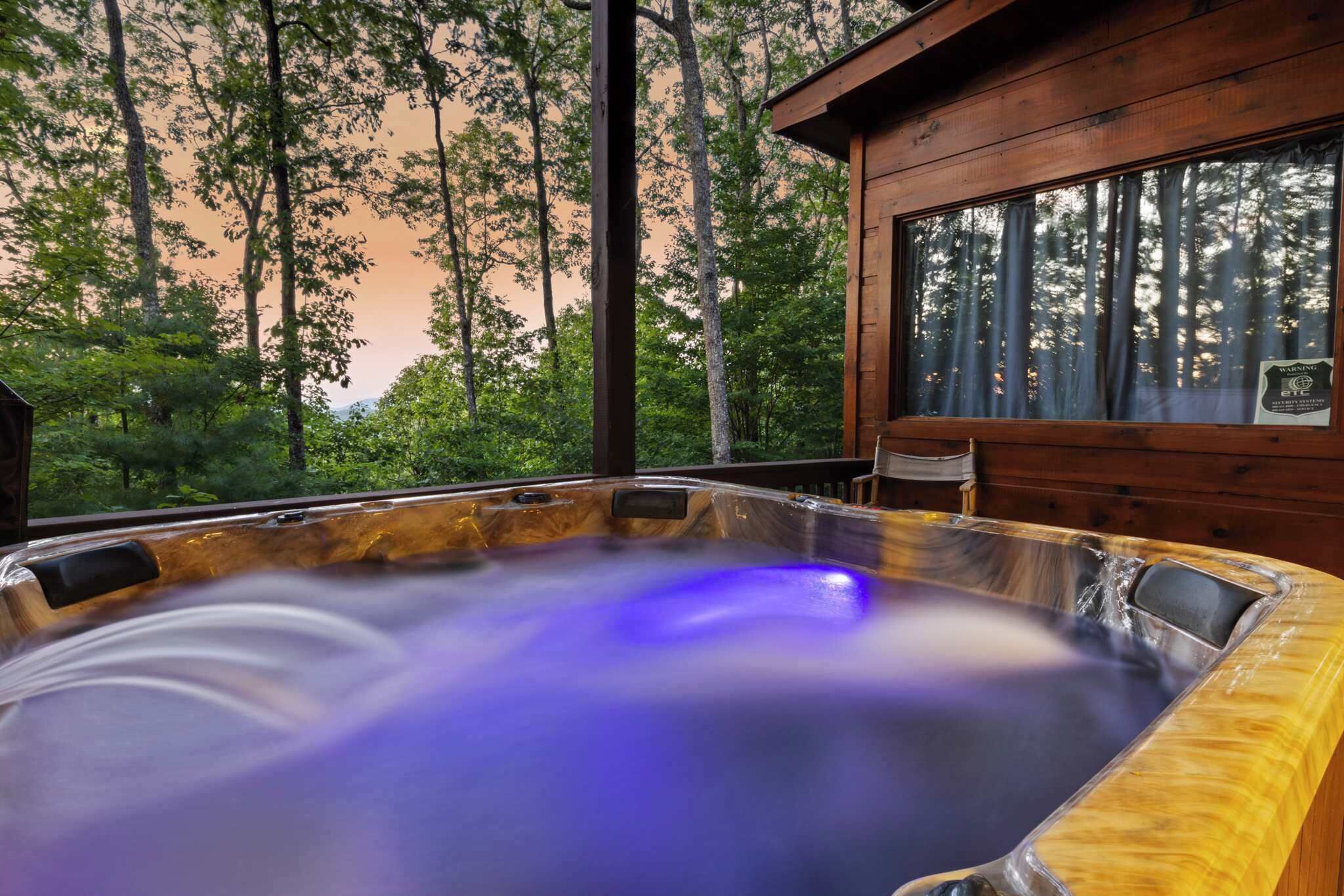 Un bain à remous avec vue sur une forêt.