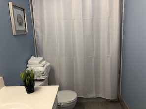 Hair dryer, towels, soap, shampoo