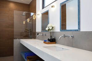 Hair dryer, towels, soap, shampoo