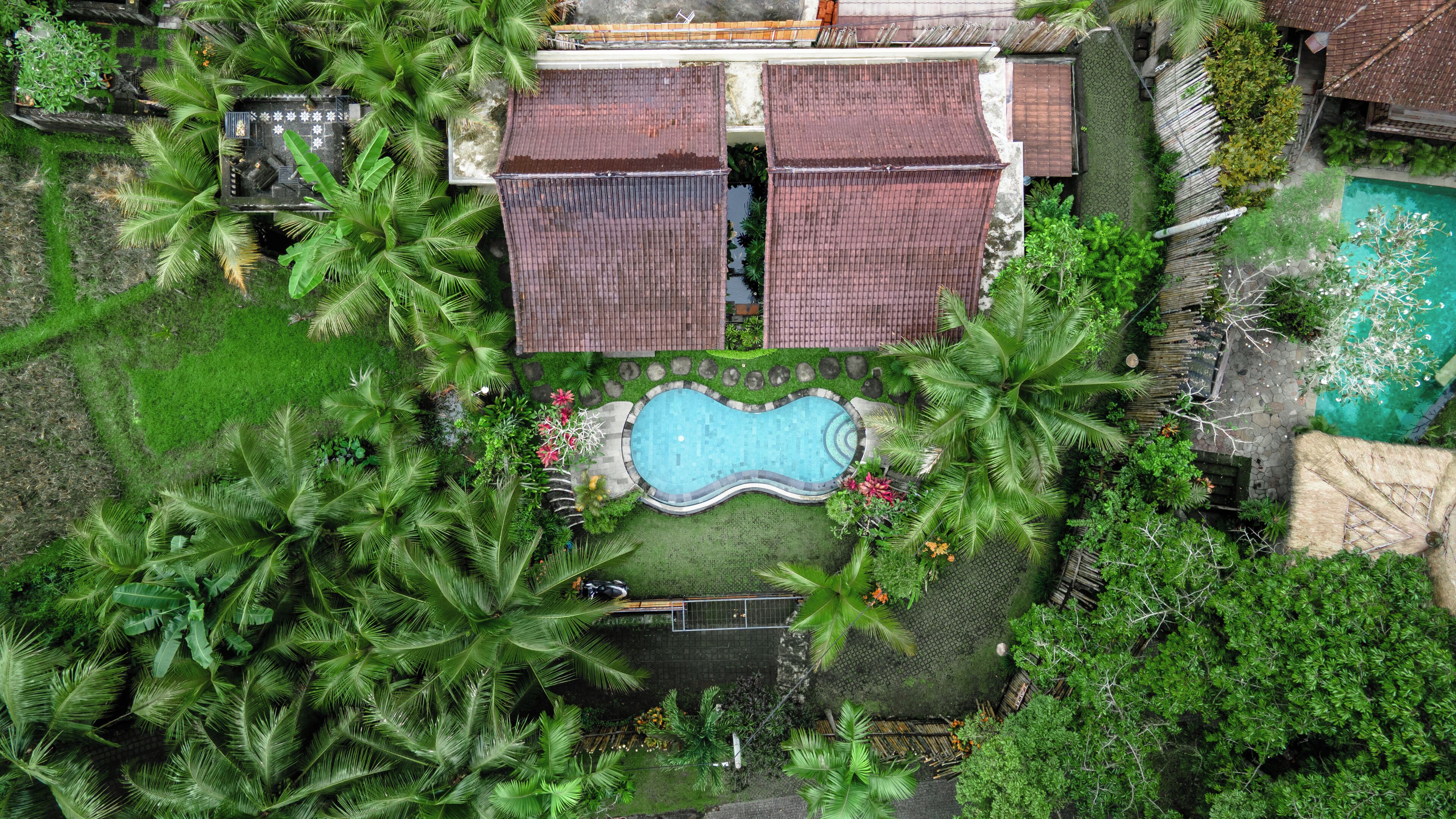 Vue aérienne d’un quartier résidentiel avec une piscine entourée d’une végétation luxuriante, une construction à toit de chaume et un petit jardin.