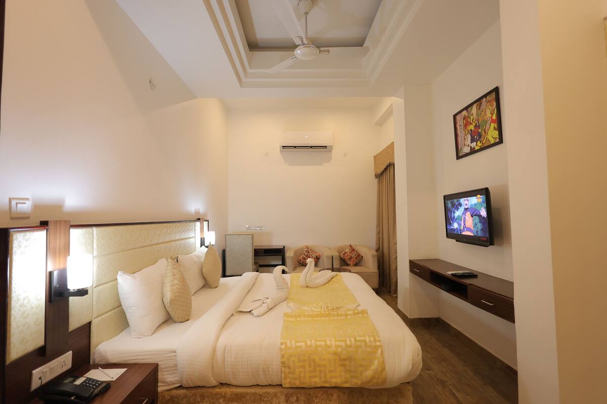 Une chambre d’hôtel équipée d’un lit, d’une télévision, d’un bureau et d’un ventilateur de plafond.