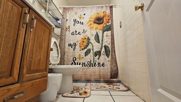 Hair dryer, towels, soap, shampoo