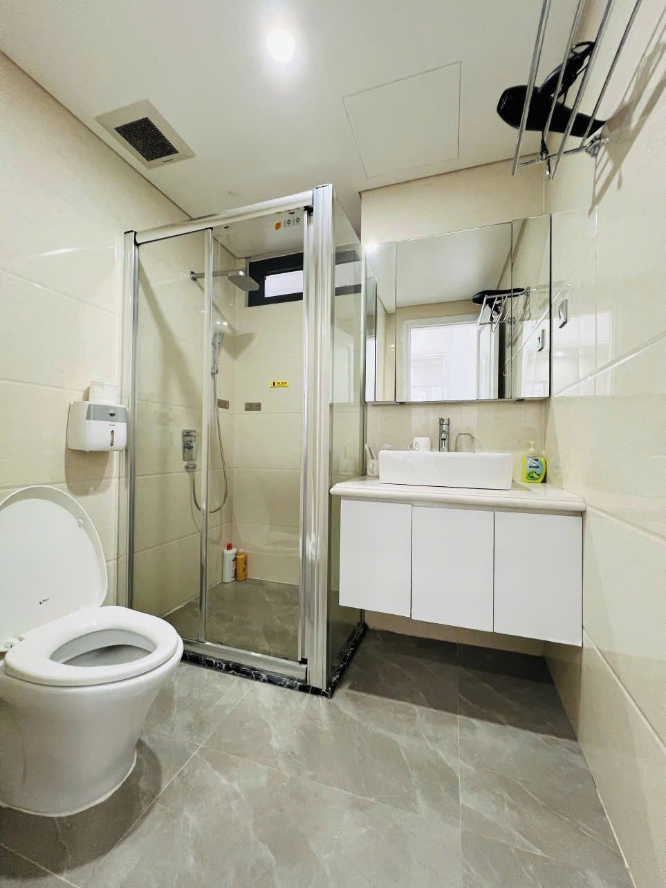 A modern bathroom with a glass-enclosed shower, a white toilet, and a vanity with a mirror.