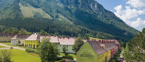 A resort with a mountain backdrop, featuring a prominent building labeled "Alpin Resort ERZBERG."