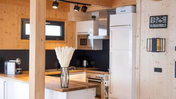 Frigorífico, microondas, horno y placa de cocina
