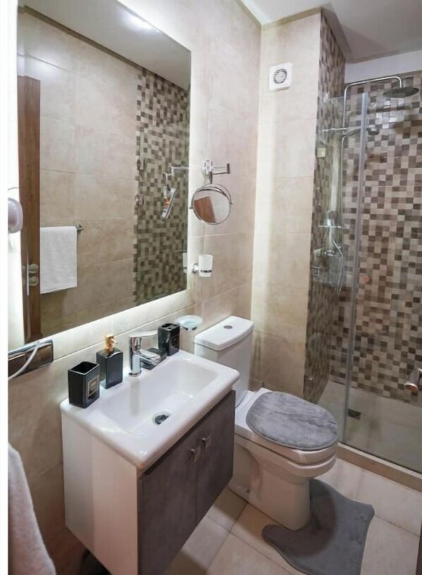 Hair dryer, towels, soap, shampoo