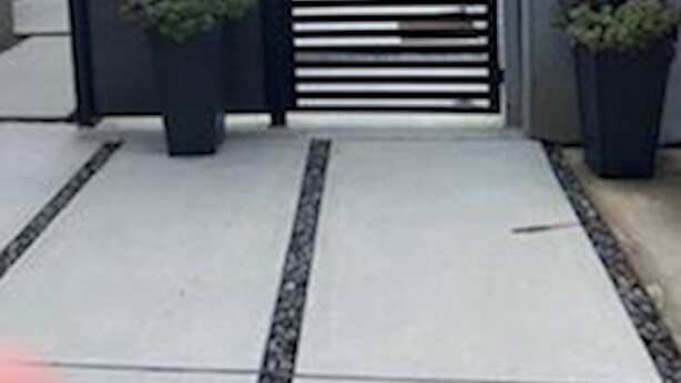 Une entrée fermée par un portail noir moderne, agrémentée de plantes en pot et s’ouvrant sur un ciel dégagé.