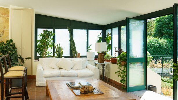 Een moderne woonkamer met een witte bank, een houten salontafel en diverse potplanten.