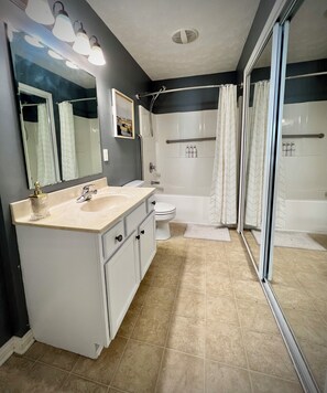Hair dryer, towels, shampoo, toilet paper