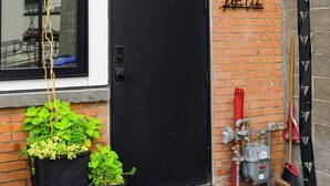 A black door with a window above it, a small garden area with potted plants, and a sign on the wall that reads "Peter Vibe". - Retro Vibe,  downtown Grand Forks (Grand Forks)