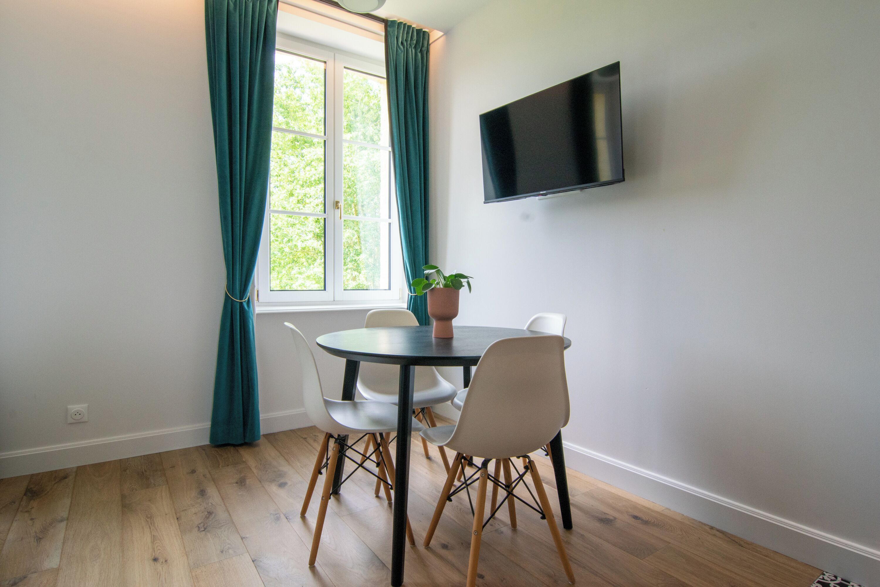 A dining area with a table, chairs, a potted plant, and a TV mounted on the wall.