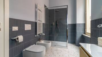 Shower, hair dryer, bidet, towels