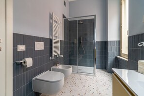 Shower, hair dryer, bidet, towels