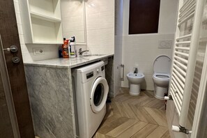 Shower, hair dryer, bidet, towels