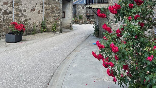 Uma rua de paralelepípedos estreita, ladeada por edifícios de pedra com varandas e caixas de flores.