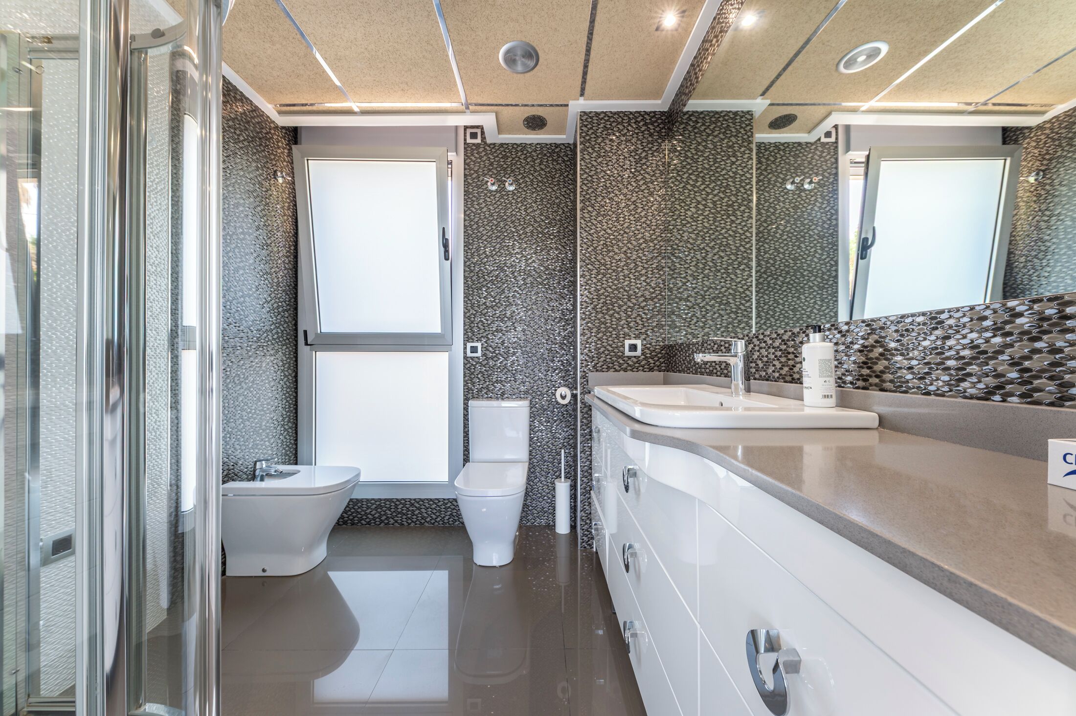 A modern bathroom with a glass shower enclosure, a toilet, and a vanity with a mirror.