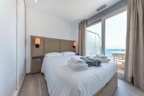 Apartment, 2 Bedrooms, Sea View | Premium bedding, down comforters, memory foam beds