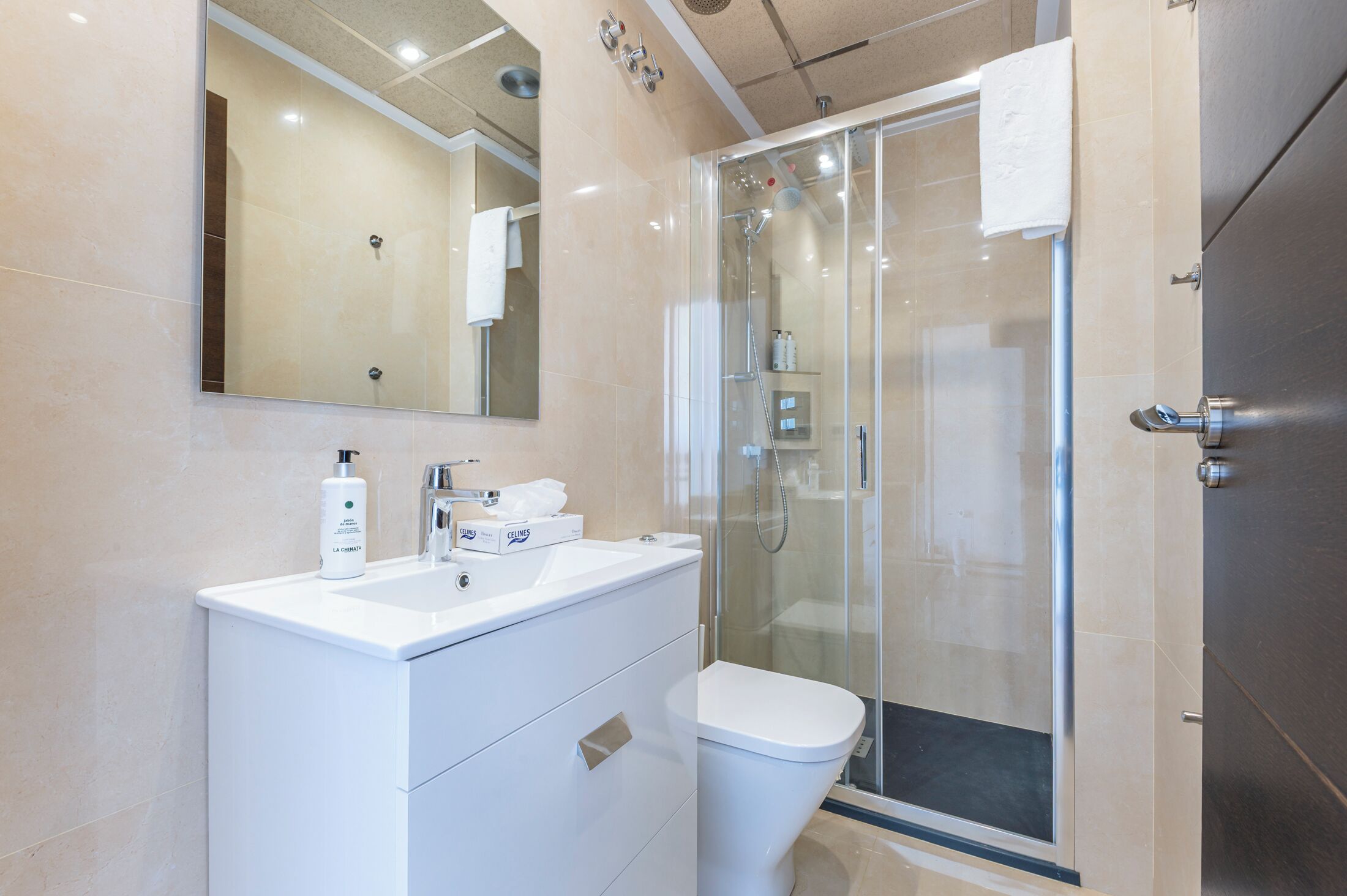 A modern bathroom with a glass-enclosed shower, a white vanity with a mirror, and a toilet.