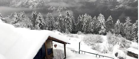 A snow-covered cabin with a view of mountains and trees.
