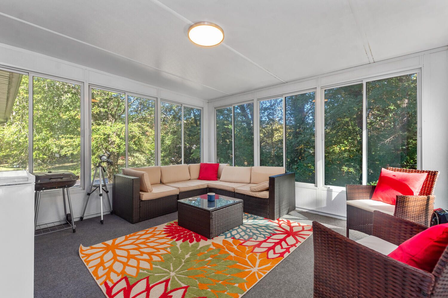 Smart TV, chimenea y oficina 