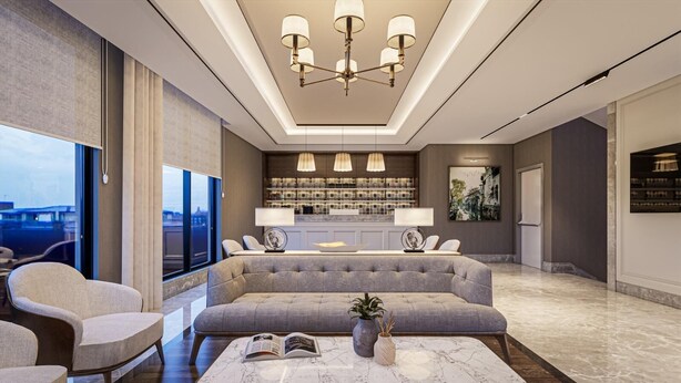 A modern living room with a large sofa, a coffee table, and a bookshelf. - By otel Nilüfer  (Bursa)