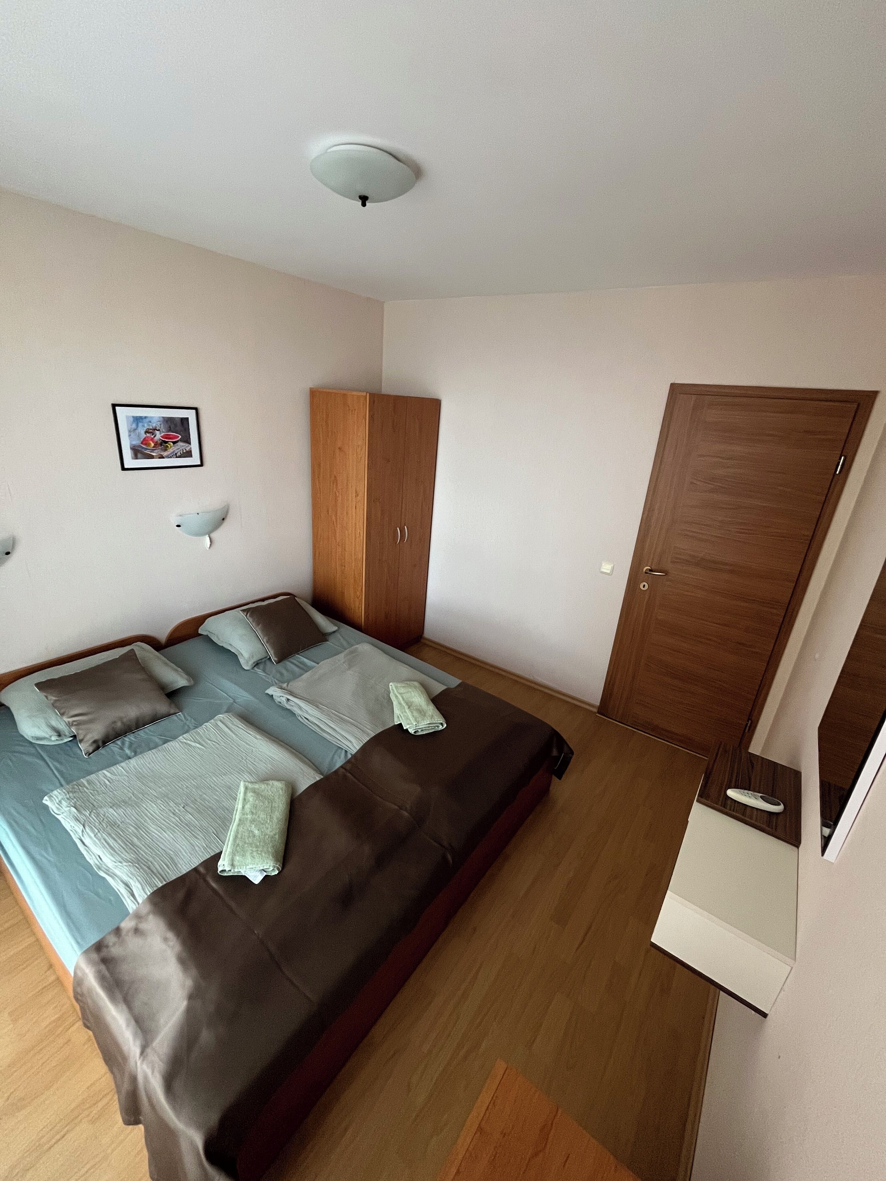 A bedroom with a bed, a wardrobe, a door, and a ceiling light.
