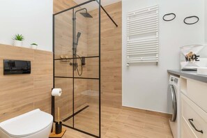 Douche, séchoir à cheveux, serviettes fournies, shampooing